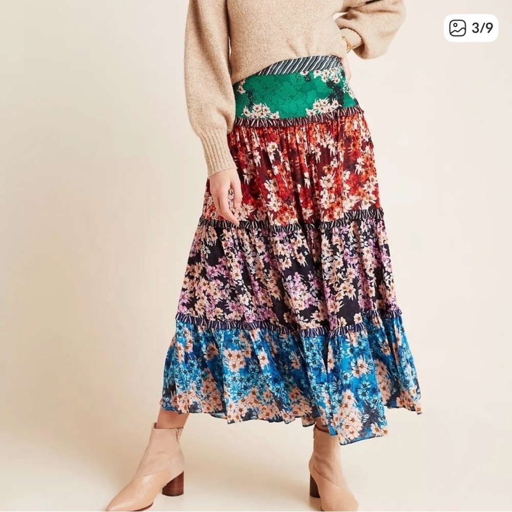 Bhanuni by Jyoti Anthropologie Bohemian Patchwork Tiered Maxi Skirt Size 14